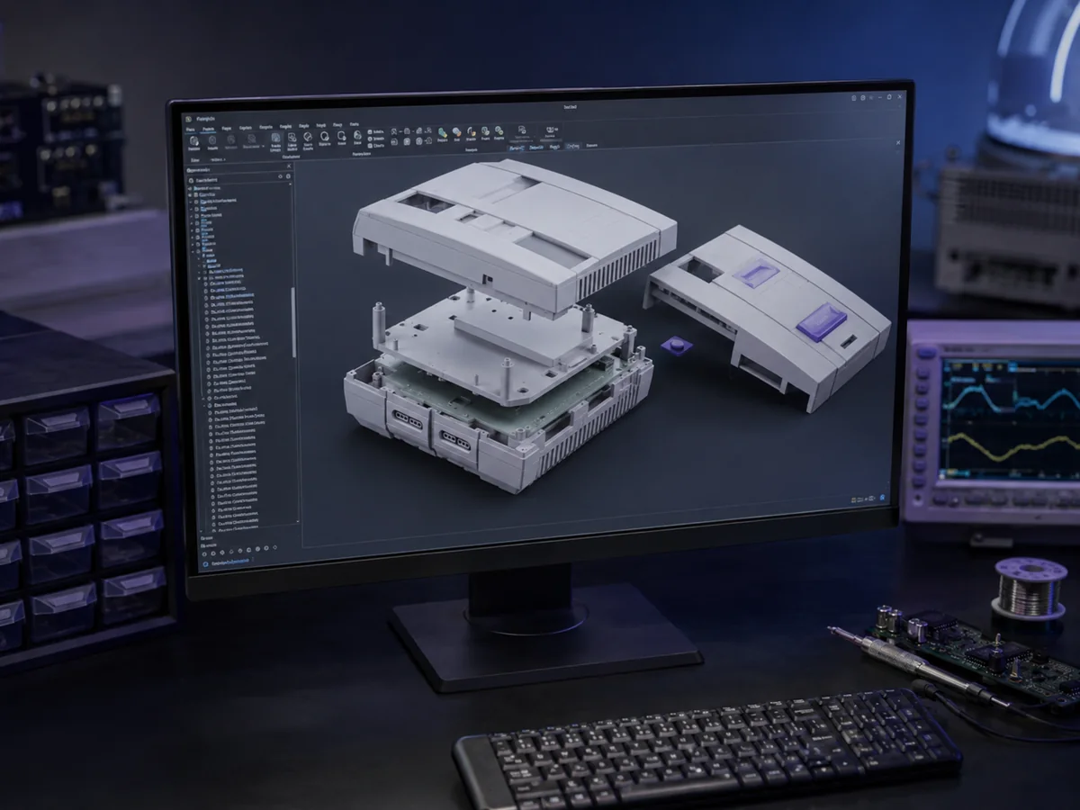 CAD workstation showing an exploded model of a console enclosure