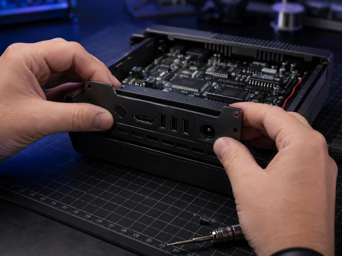 Hands test fitting a custom rear I/O panel into an electronics enclosure