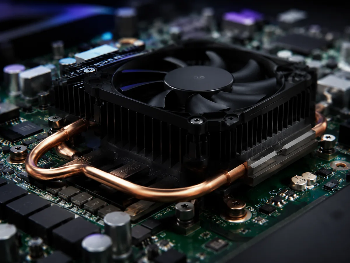 Cooling fan, heat sink and copper heat pipes on a circuit board